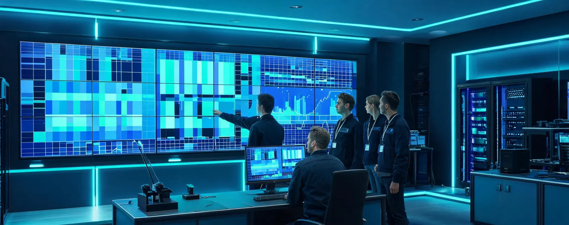 Barco display engineering team reviewing LED wall calibration