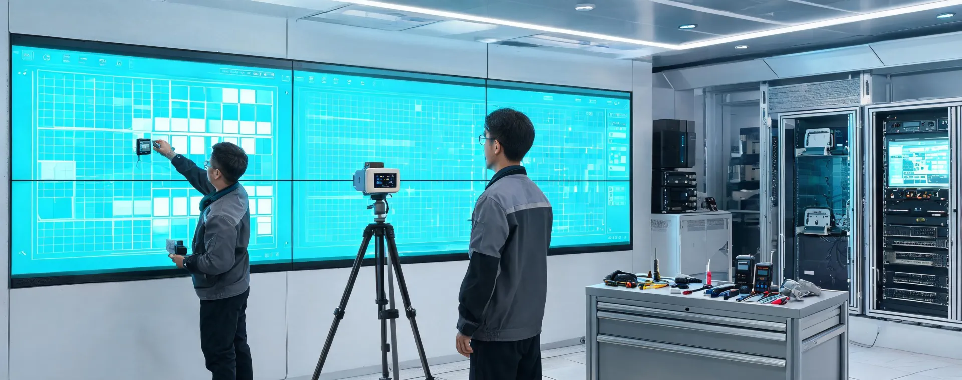 Engineers calibrating a Barco LED video wall